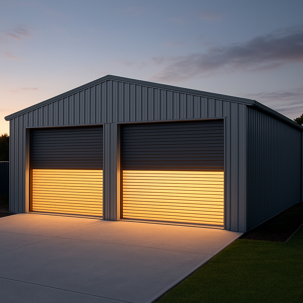 Completed steel garage with double roller doors on an Australian property