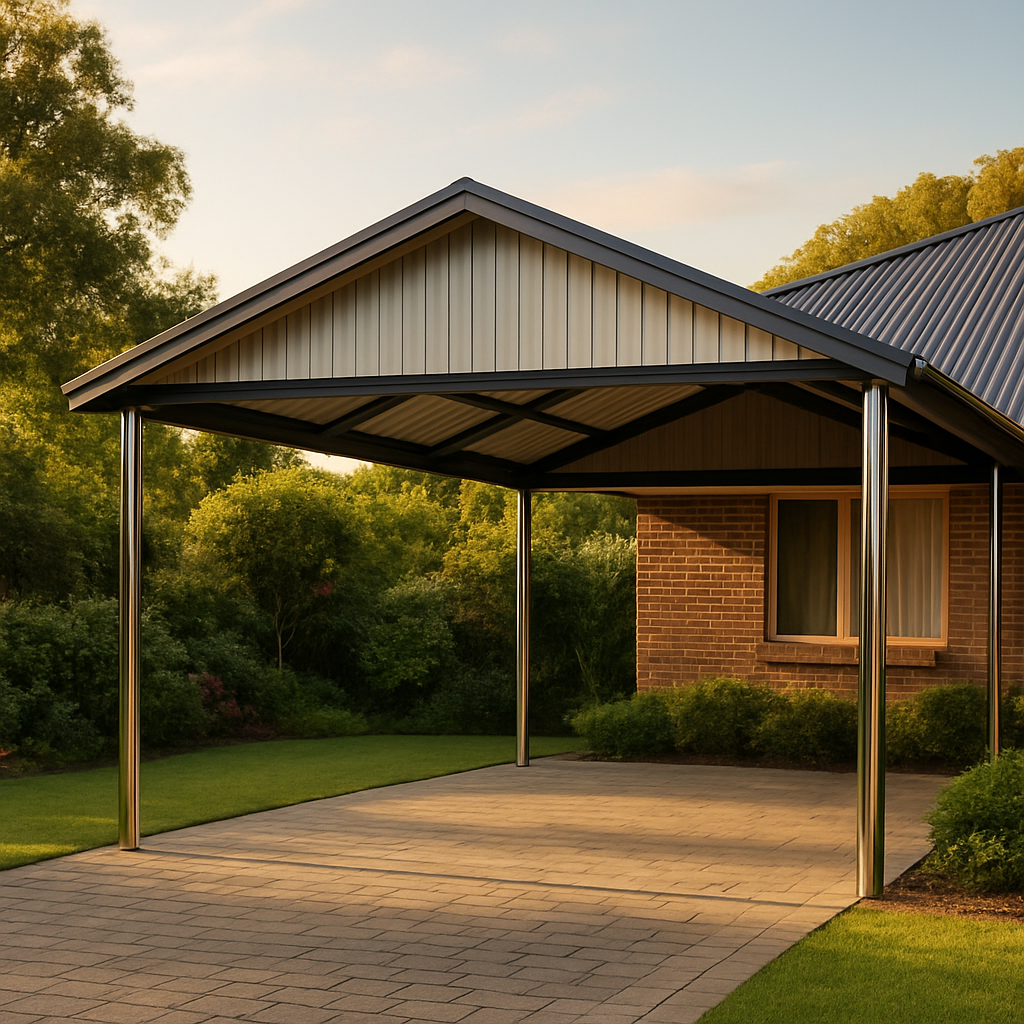 Modern attached steel carport with gabled roof on residential home