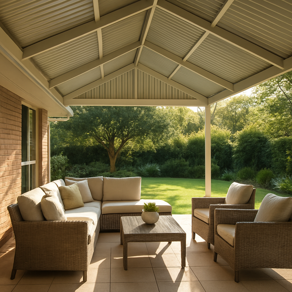 Spacious outdoor entertaining patio with steel gable roof